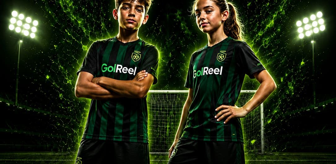 A boy and a girl in the GolReel kit in a floodlit stadium