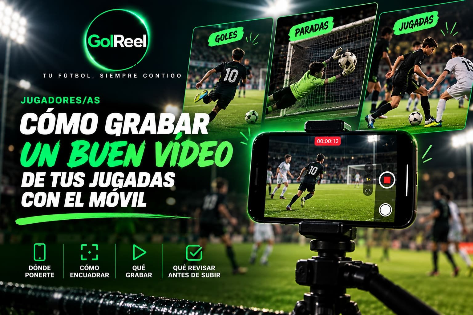 A phone on a tripod filming a grassroots football match at night, with scenes of goals, saves and plays