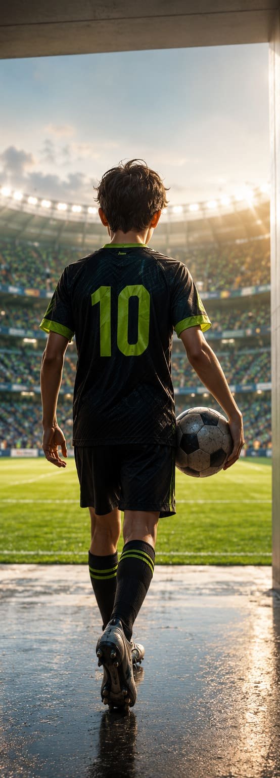 Young footballer wearing number 10 walking out of the tunnel into the stadium
