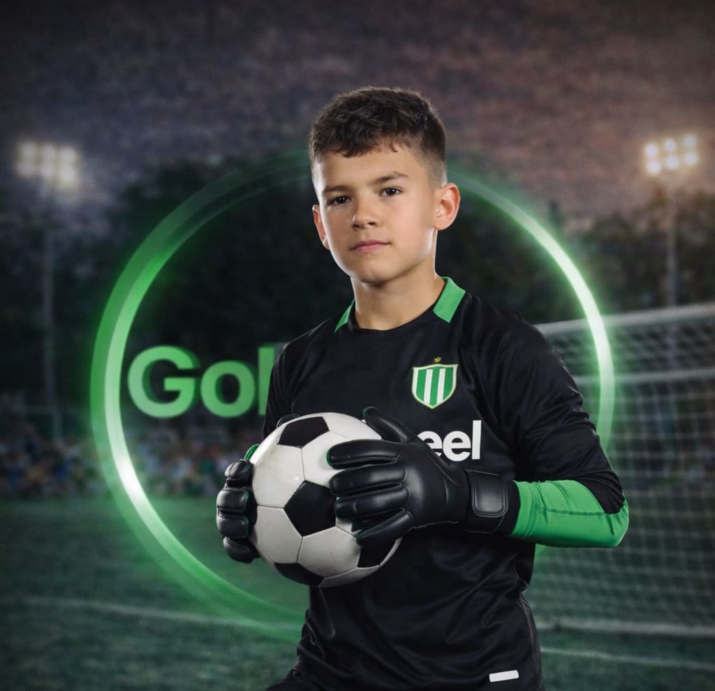 Young goalkeeper with gloves and a ball on a floodlit pitch