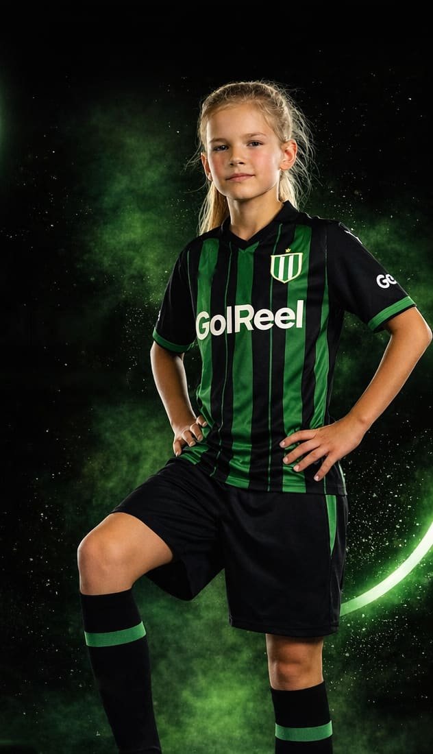 Young female player in the GolReel kit on a floodlit pitch